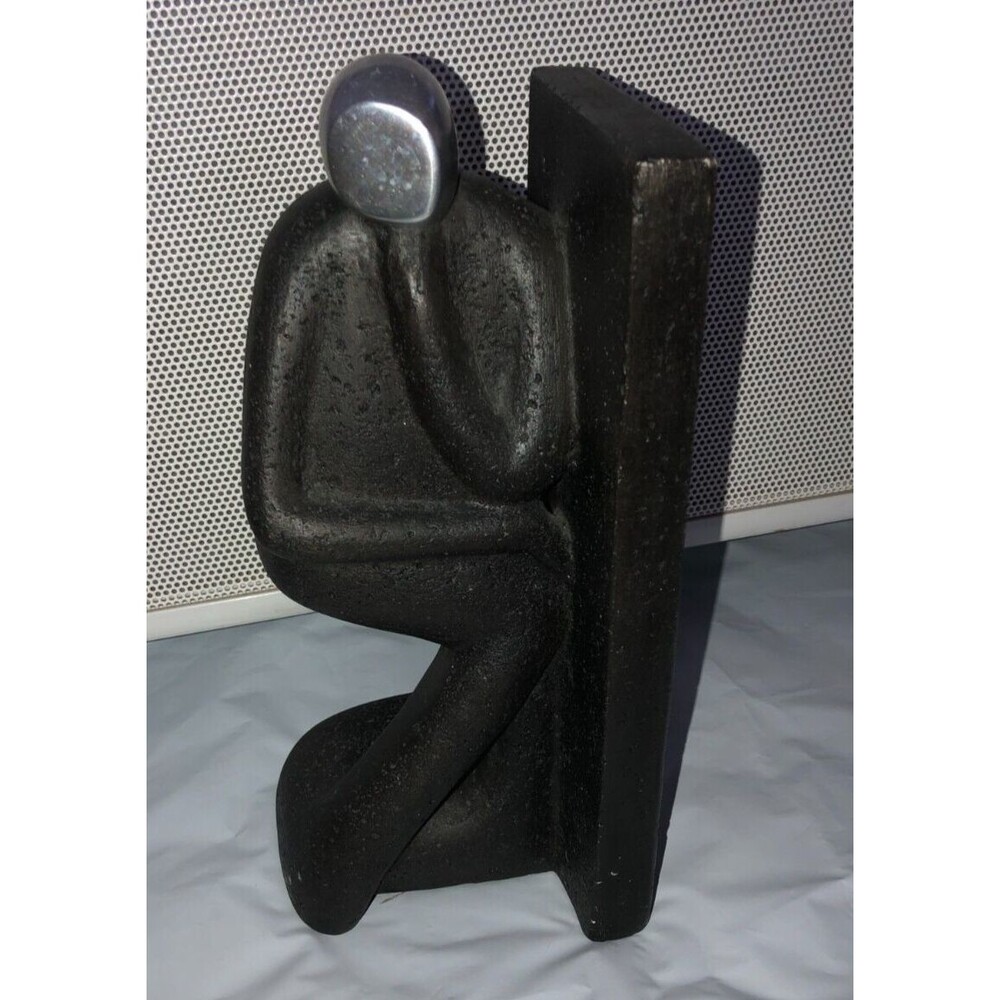 Bookend Abstract MCM Style Thinker Pose Black & Silver Sculpture Doorstop RARE